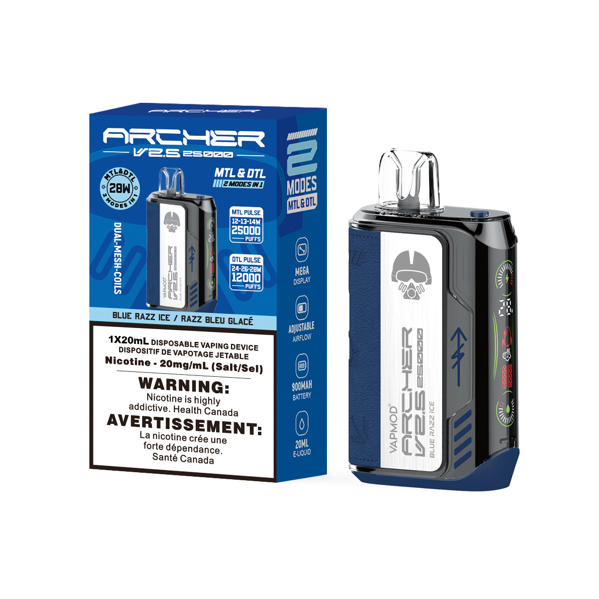 VAPMOD Archer V2.5 Disposable Vape (MTL & DTL) - 25000 Puff: Blue Razz Ice